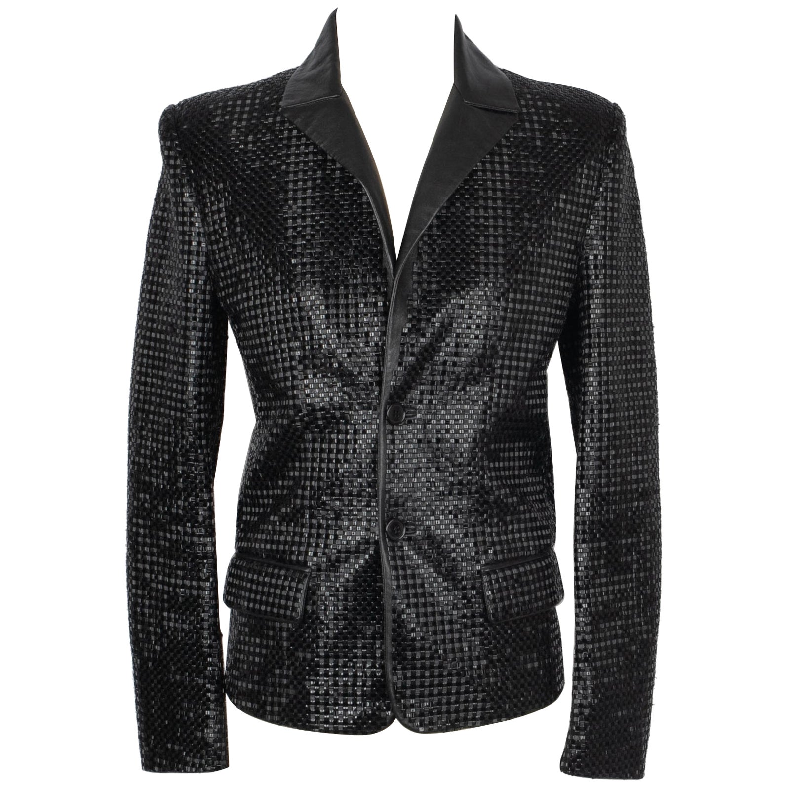 Saint Laurent Herrenjacke mit schwarzen Pailletten und Lederkragen im Angebot