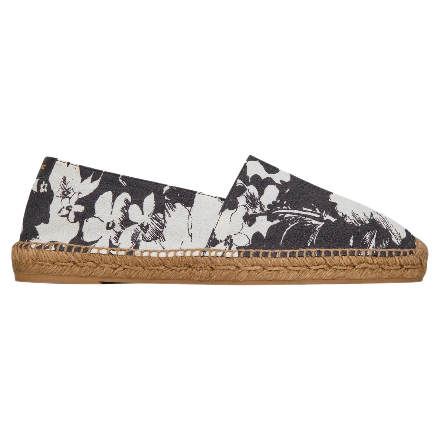 Saint Laurent - Espadrille noire et blanche à imprimé floral hibiscus pour homme, taille 42 en vente