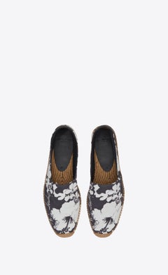 Saint Laurent Mens Black & White Hibiscus Floral Print Espadrille Size 45
