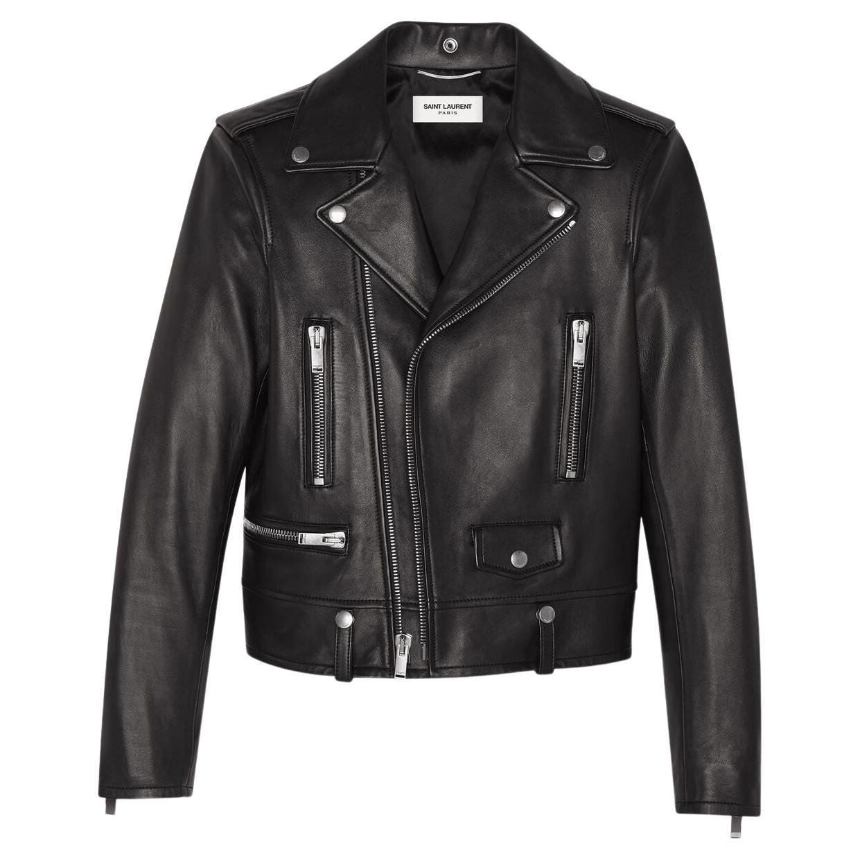 Saint Laurent Mens Classic Black Leather Motorcycle Biker Jacket Size 50 For Sale
