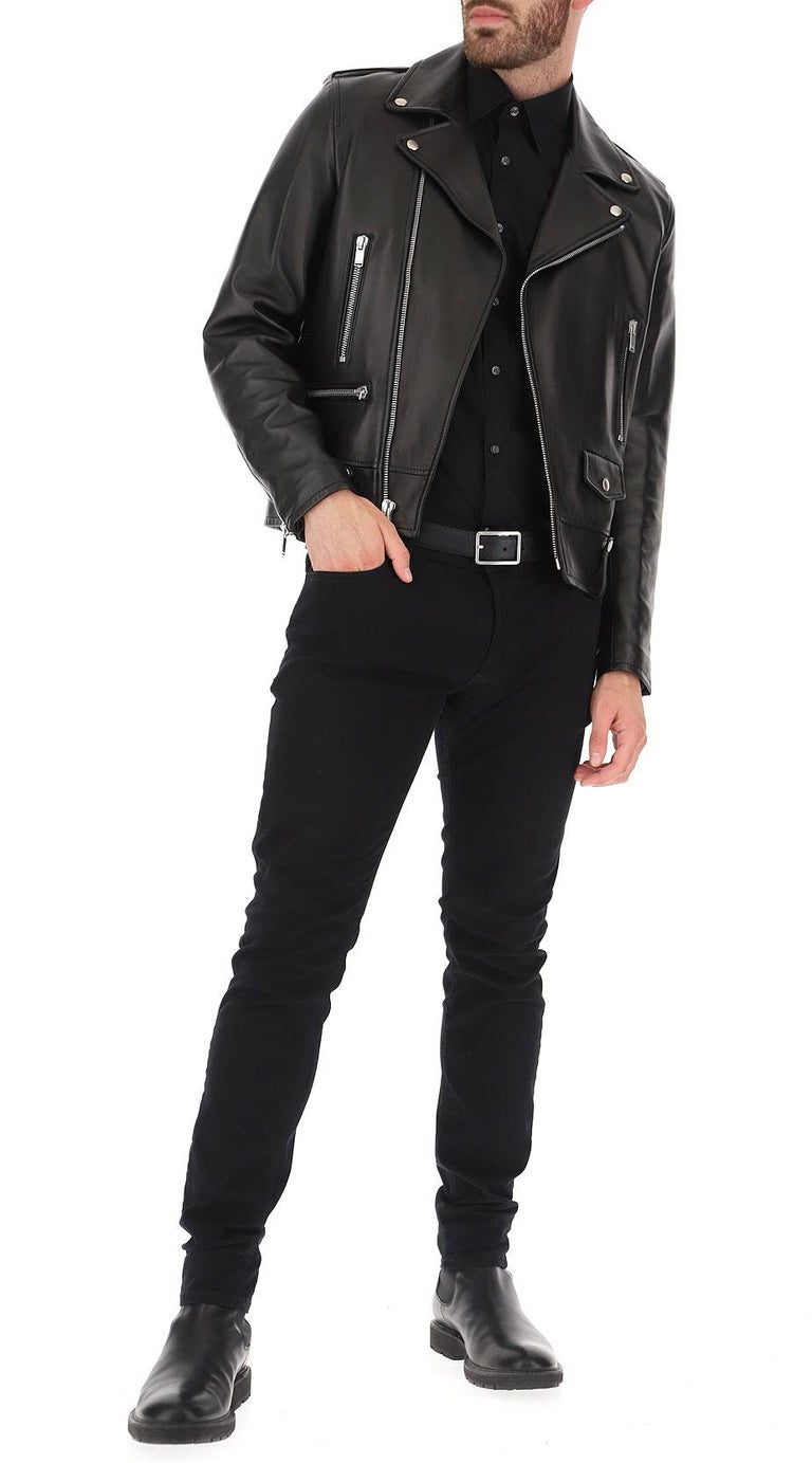 Saint Laurent Mens Classic Black Leather Motorcycle Biker Jacket Size ...