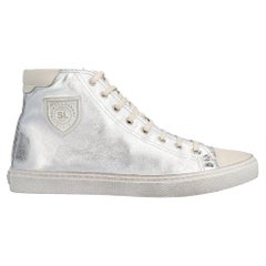 Saint Laurent Mens Distressed Silver Leather Bedford High-Top Sneaker Size 42