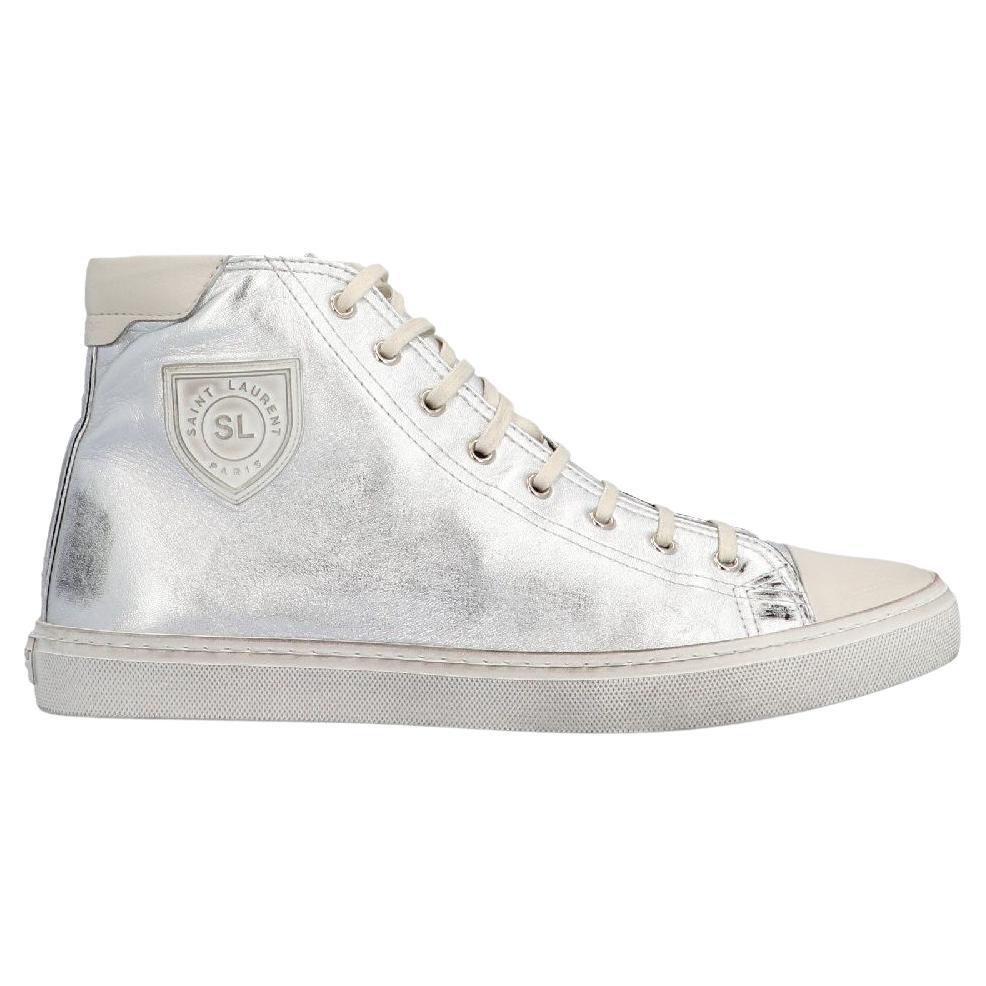 Saint Laurent Mens Distressed Silver Leather Bedford High-Top Sneaker Size  45 For Sale at 1stDibs
