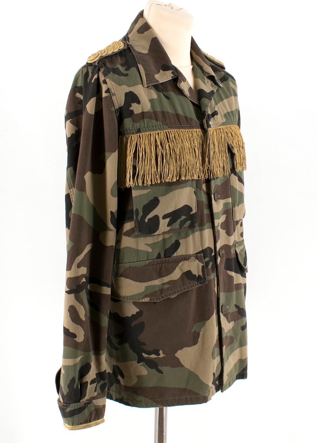 Saint Laurent Men's Green Fringed Camouflage-Print Jacket

Green camo print design 
Gold fringe detailing on chest of the jacket 
Gold epaulettes
Notch lapel collar 
Centre button closure 
Brown hardware
Two front flap pockets
Mid weight jacket
Gold