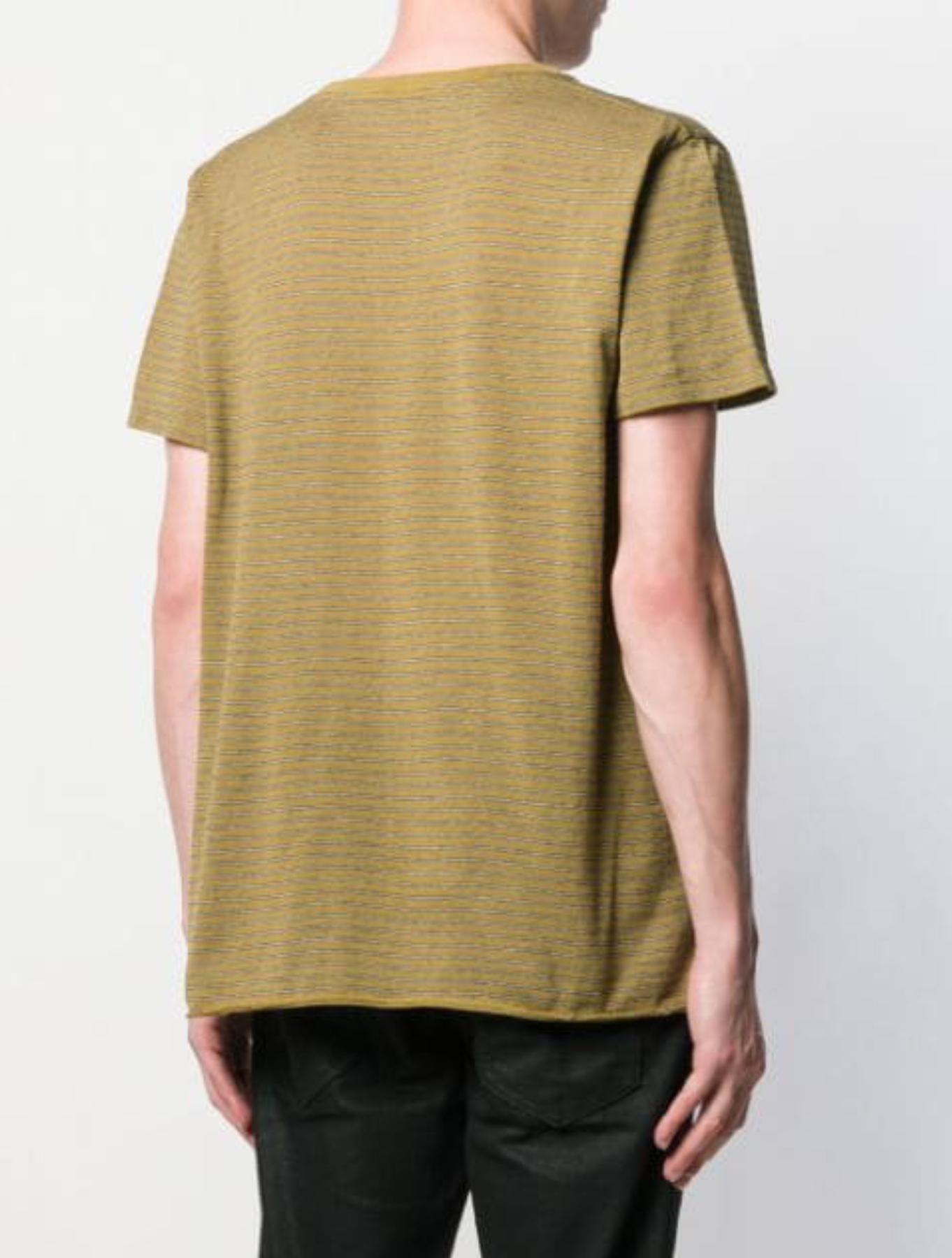 Beige Saint Laurent Mens Khaki Green Striped Logo Print T-Shirt Size Medium
