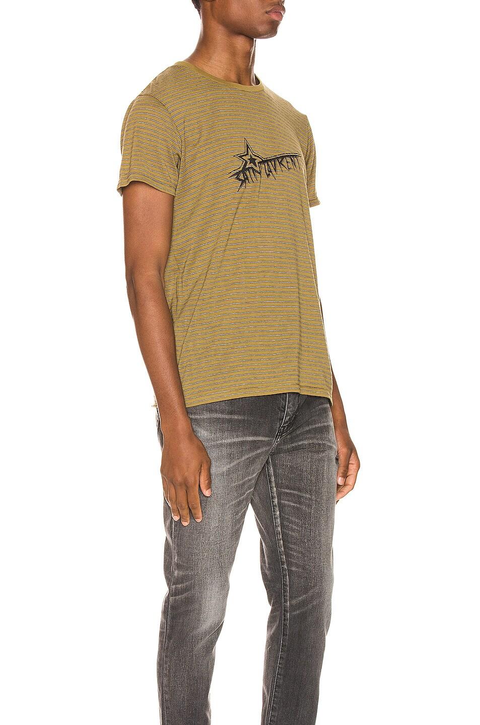 Men's Saint Laurent Mens Khaki Green Striped Logo Print T-Shirt Size Medium