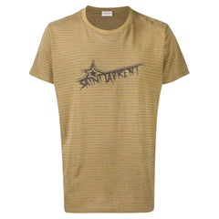 Saint Laurent Mens Khaki Green Striped Logo Print T-Shirt Size Medium