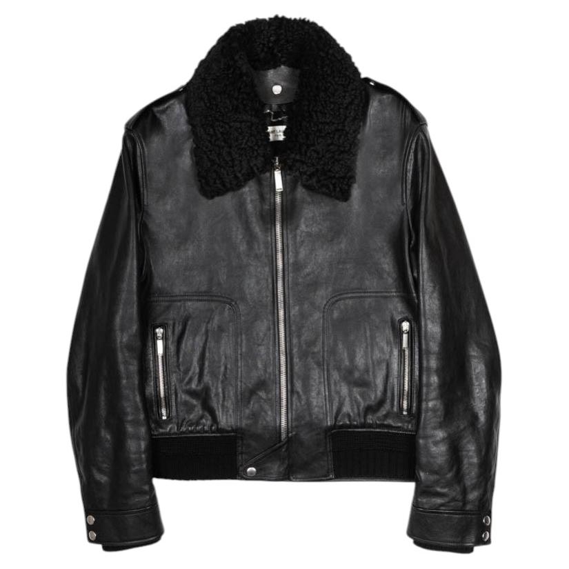 Saint Laurent Men's Leather Jacket Detachable Fur Collar Removable, L For Sale