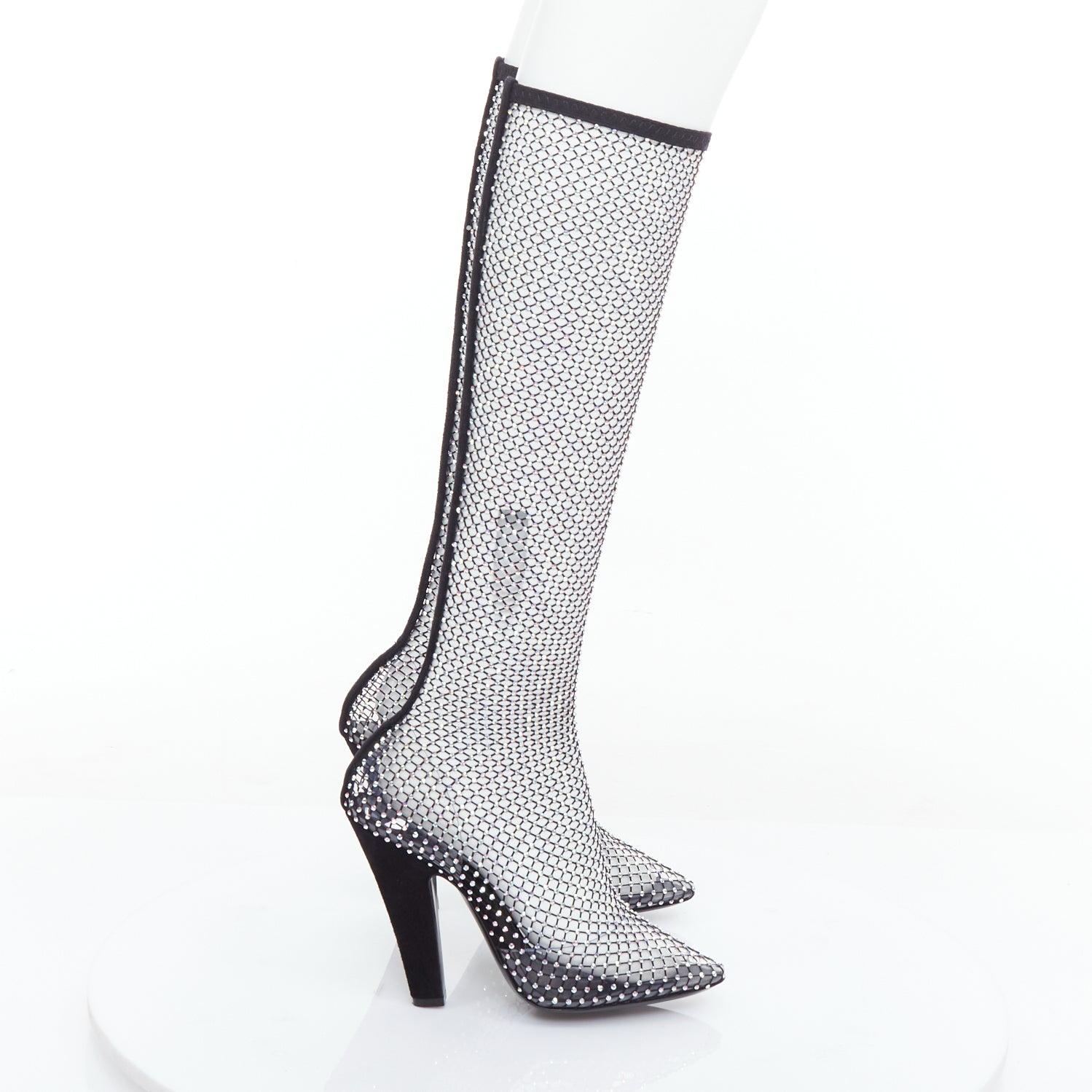 Gray SAINT LAURENT Mesh Crystal 68 iridescent strass stretch sock boots EU39.5