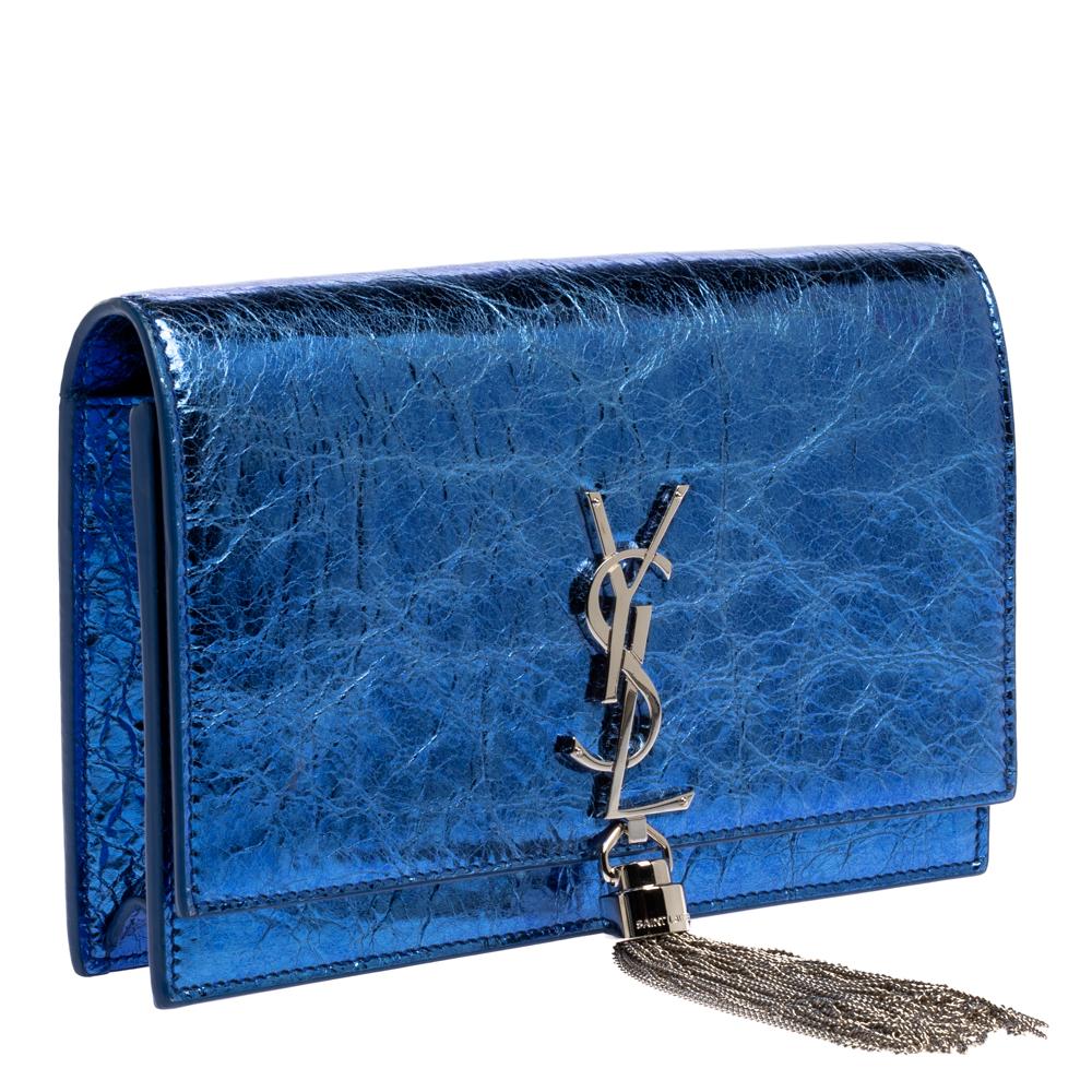 Women's Saint Laurent Metallic Blue Crackled Leather Kate Tassel Wallet on Chain