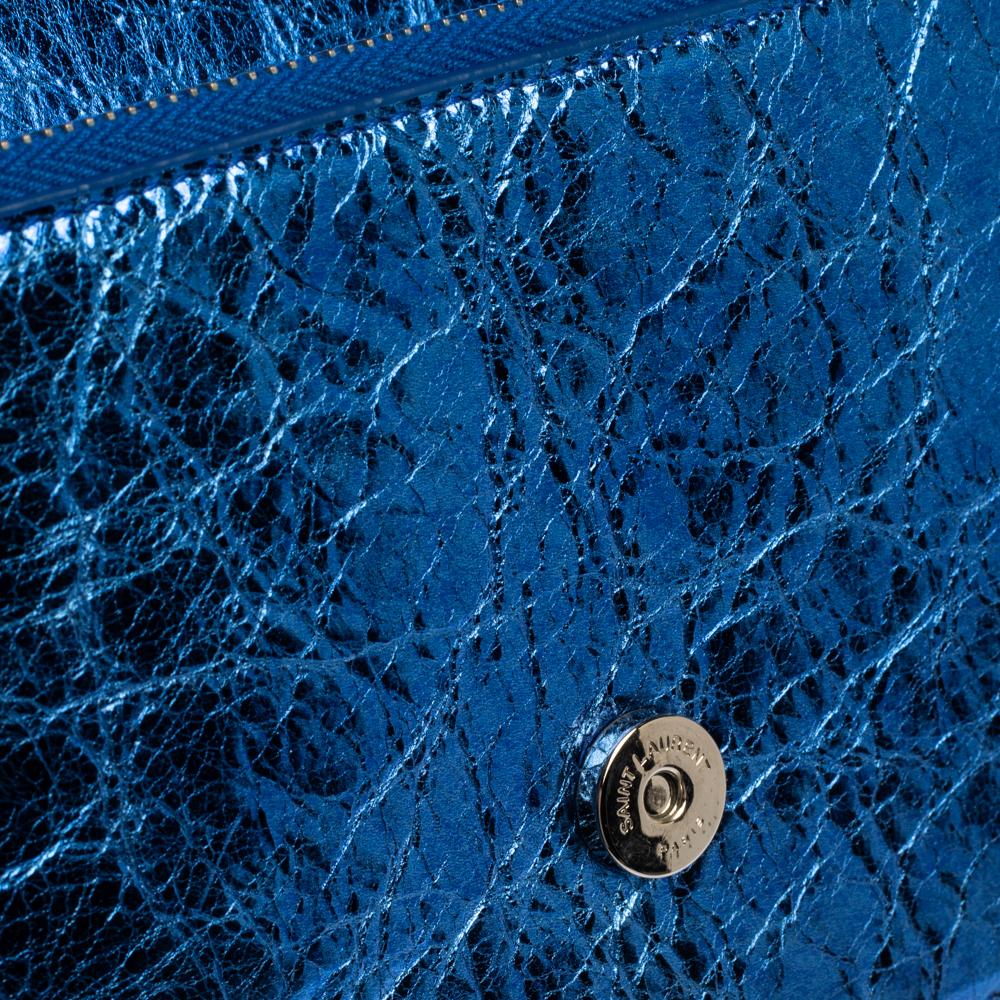Saint Laurent Metallic Blue Crackled Leather Kate Tassel Wallet on Chain 3