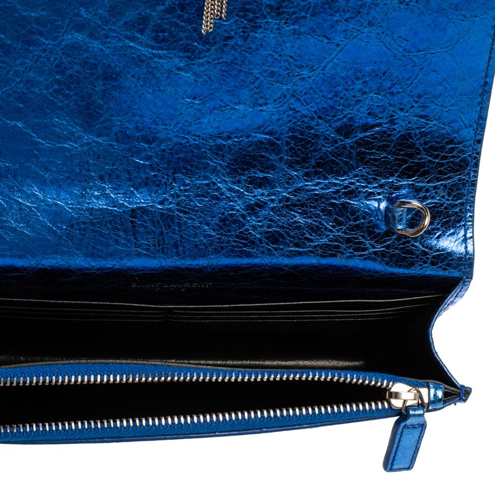 Saint Laurent Metallic Blue Crackled Leather Kate Tassel Wallet on Chain 4
