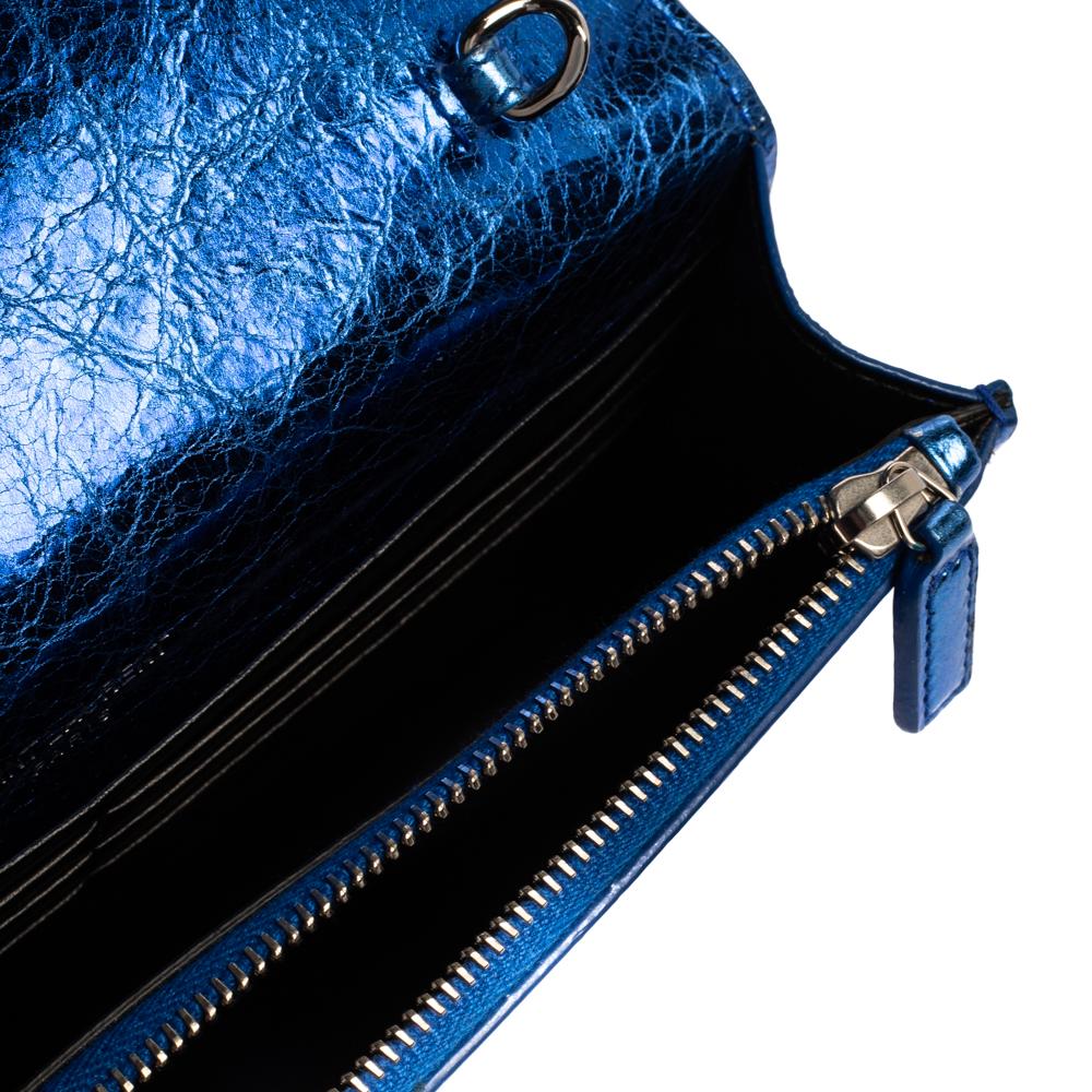 Saint Laurent Metallic Blue Crackled Leather Kate Tassel Wallet on Chain 5
