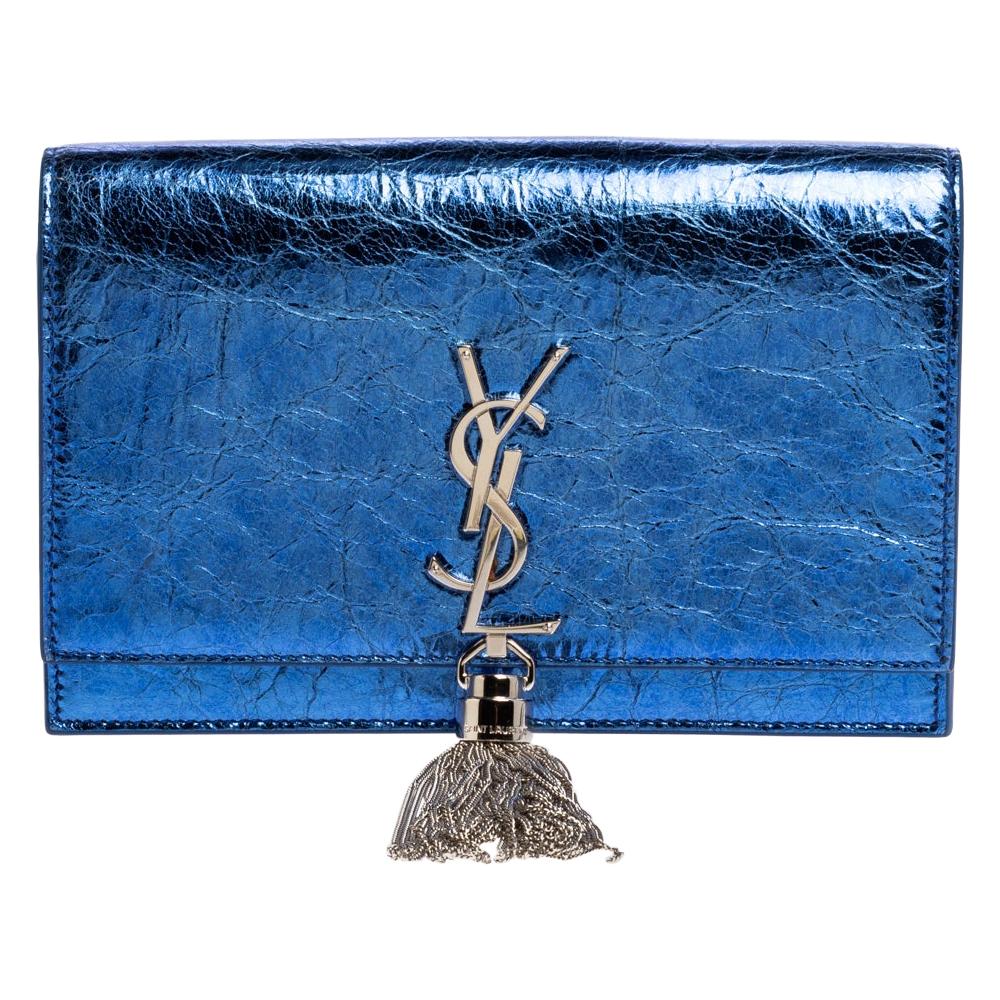 Saint Laurent Metallic Blue Crackled Leather Kate Tassel Wallet on Chain