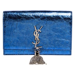 Saint Laurent Metallic Blau Crackled Leder Kate Tassel Geldbörse auf Kette