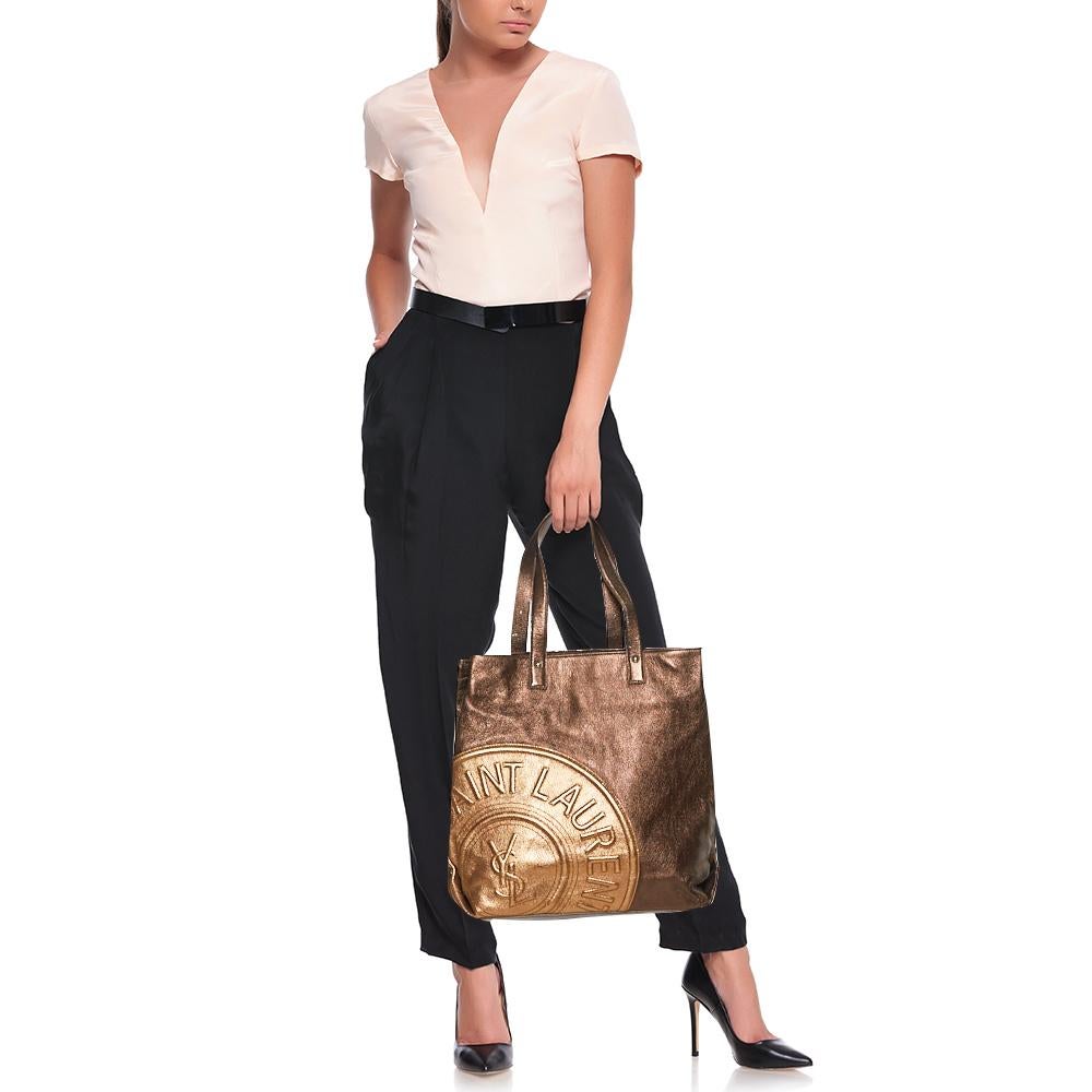 Black Saint Laurent Metallic Brown/Gold Leather Logo Embossed Tote