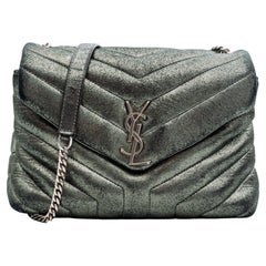 SAINT LAURENT Metallic Lambskin Quilted Double Flap Bag Silver 1232175