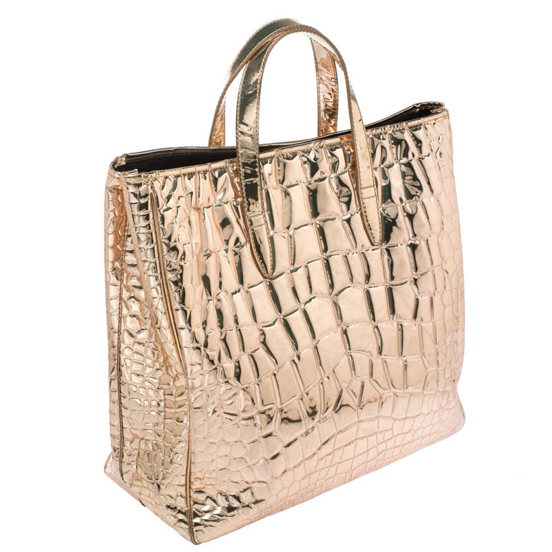 Saint Laurent Metallic Gold Embossed Croc Patent Leather Raspail Tote 6