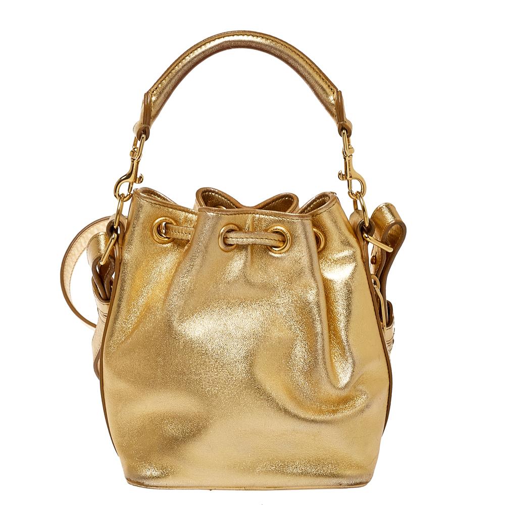 Brown Saint Laurent Metallic Gold Leather Emmanuelle Drawstring Bucket Bag