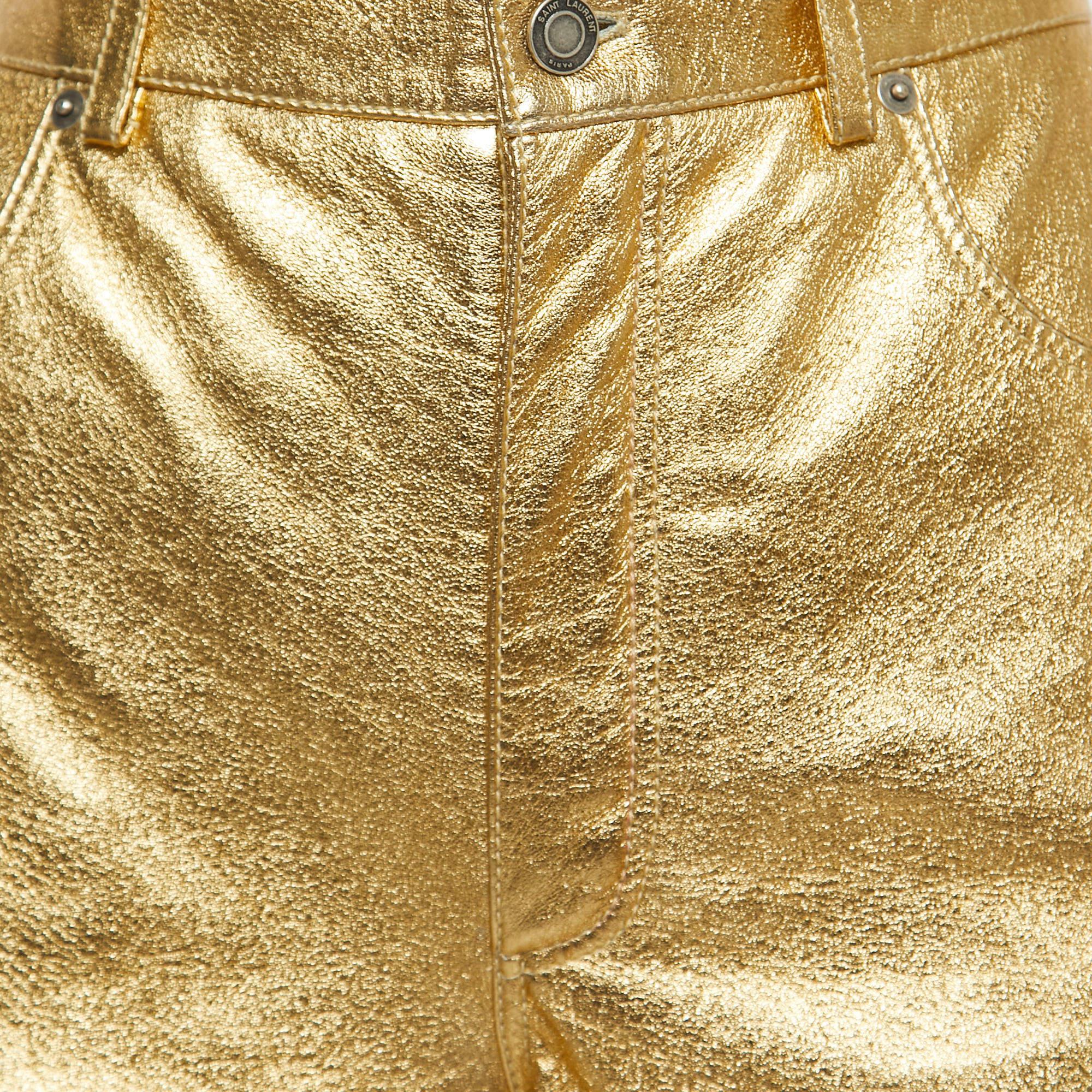 Saint Laurent Metallic Gold Leather Mini Shorts M In Excellent Condition In Dubai, Al Qouz 2
