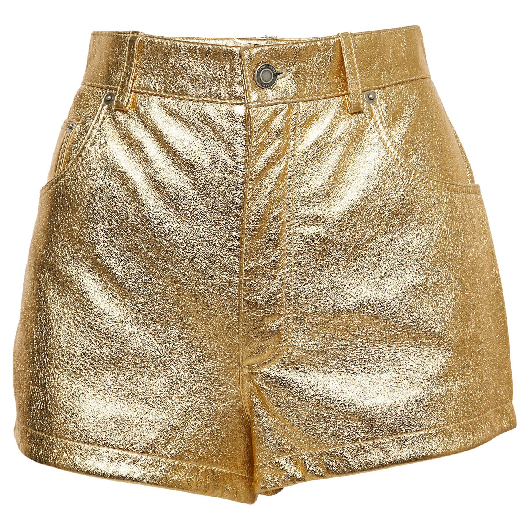 Saint Laurent Metallic Gold Leather Mini Shorts M