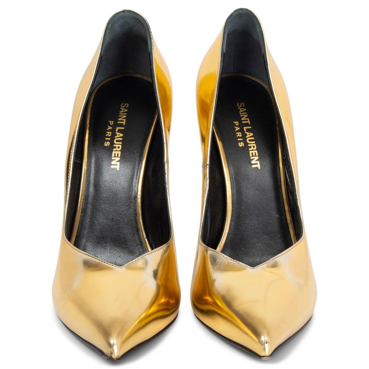 SAINT LAURENT metallic gold leather PARIS Pointed Toe Pumps Shoes 
