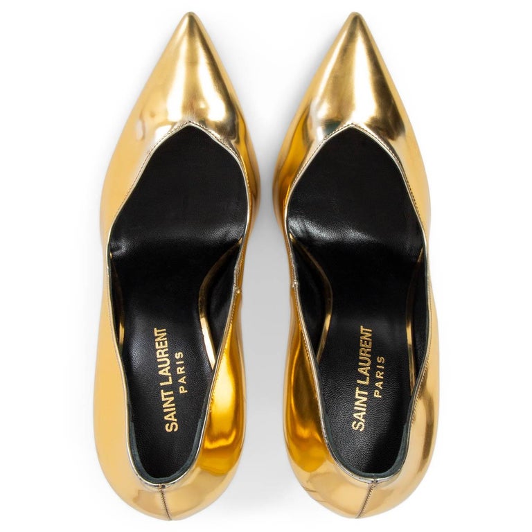 SAINT LAURENT metallic gold leather PARIS Pointed Toe Pumps Shoes 39 ...
