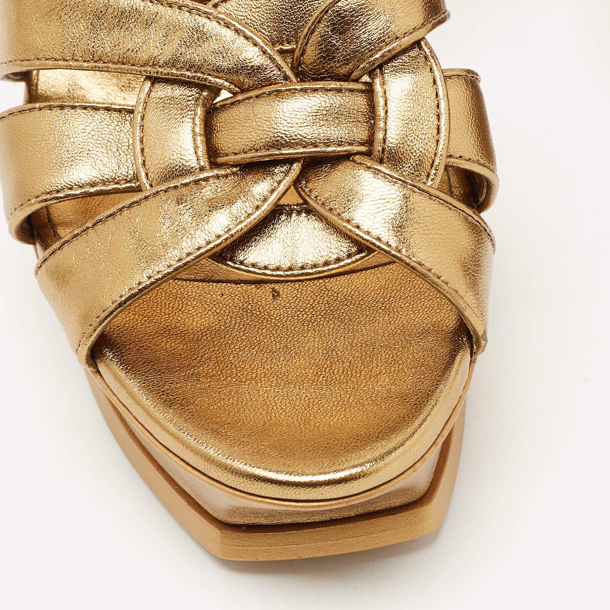 Saint Laurent Metallic Gold Leather Tribute Ankle Strap Platform Sandals Size 38 3
