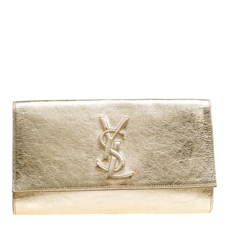 Saint Laurent Metallic Gold Patent Leather Belle De Jour Flap Clutch at