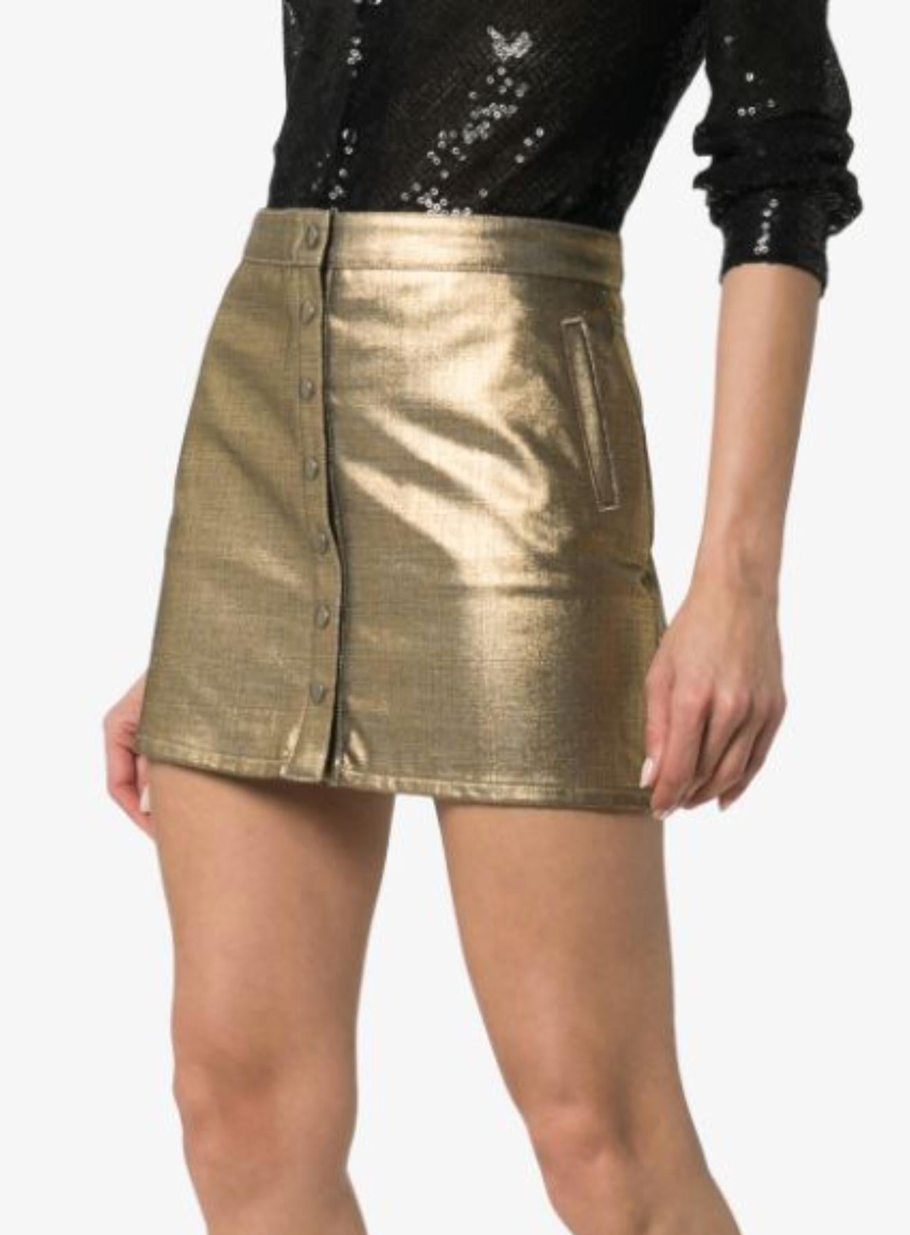 Saint Laurent Metallic Gold Tone Denim Button-Down Mini Skirt Size 26 In New Condition In Paradise Island, BS
