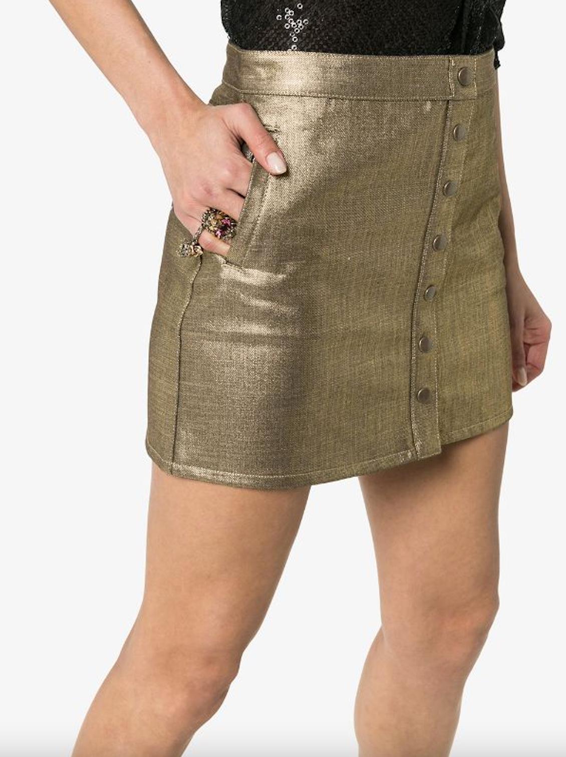 Saint Laurent Metallic Gold Tone Denim Button-Down Mini Skirt Size 26 1