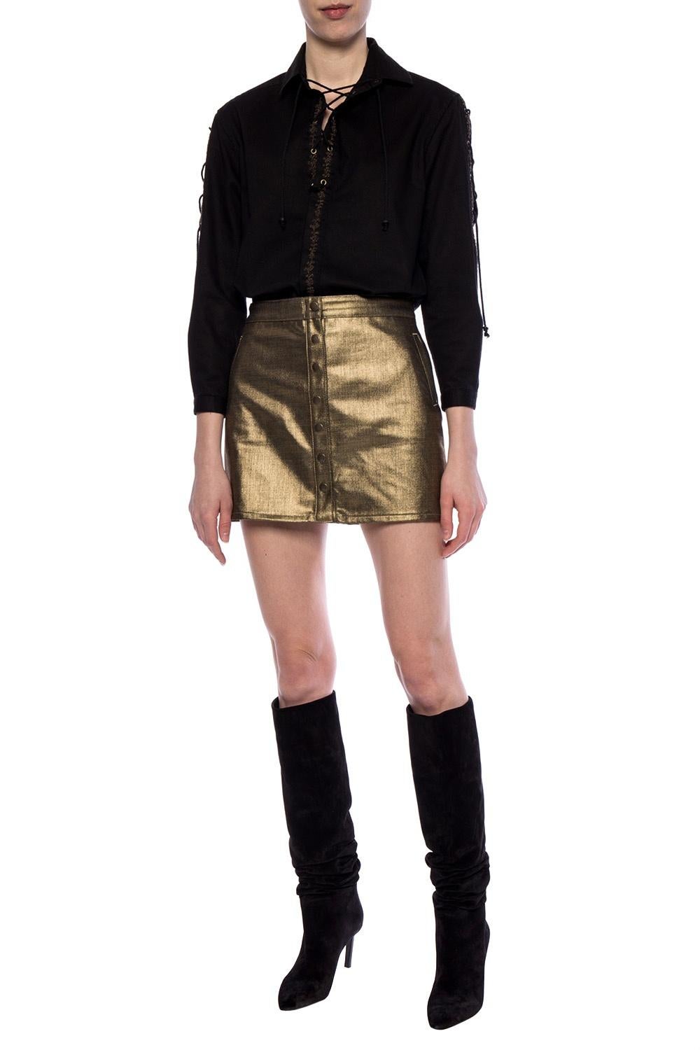 Saint Laurent Metallic Gold Tone Denim Button-Down Mini Skirt Size 26 2