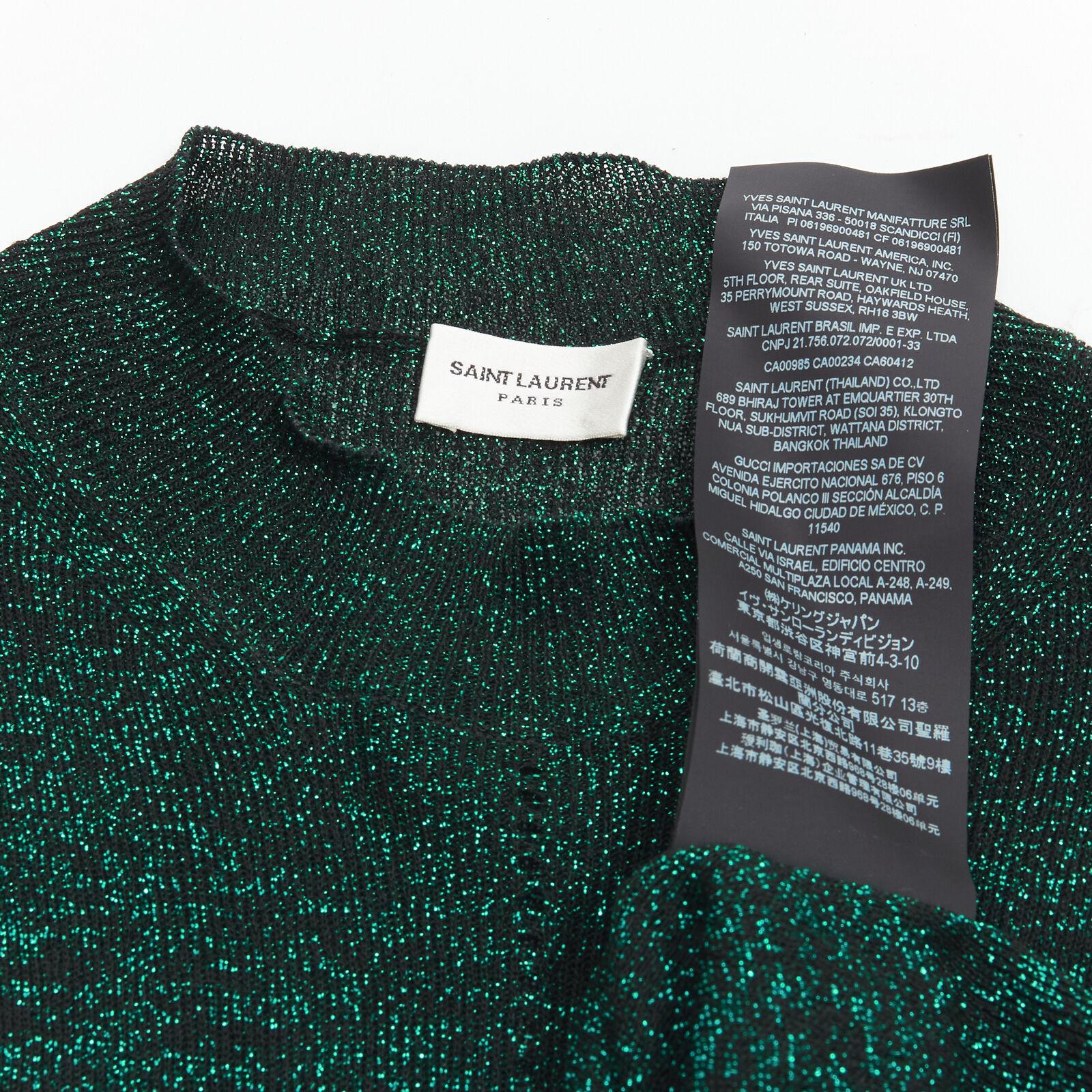 SAINT LAURENT metallic green lurex black faux fur trim ribbed top XS For Sale 6