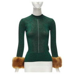 SAINT LAURENT metallic green lurex black faux fur trim ribbed top XS