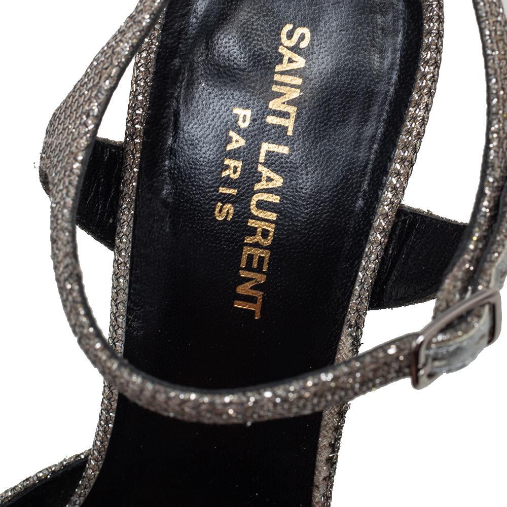 Gray Saint Laurent Metallic Leather Candy Ankle Strap Platform Sandals Size 39.5