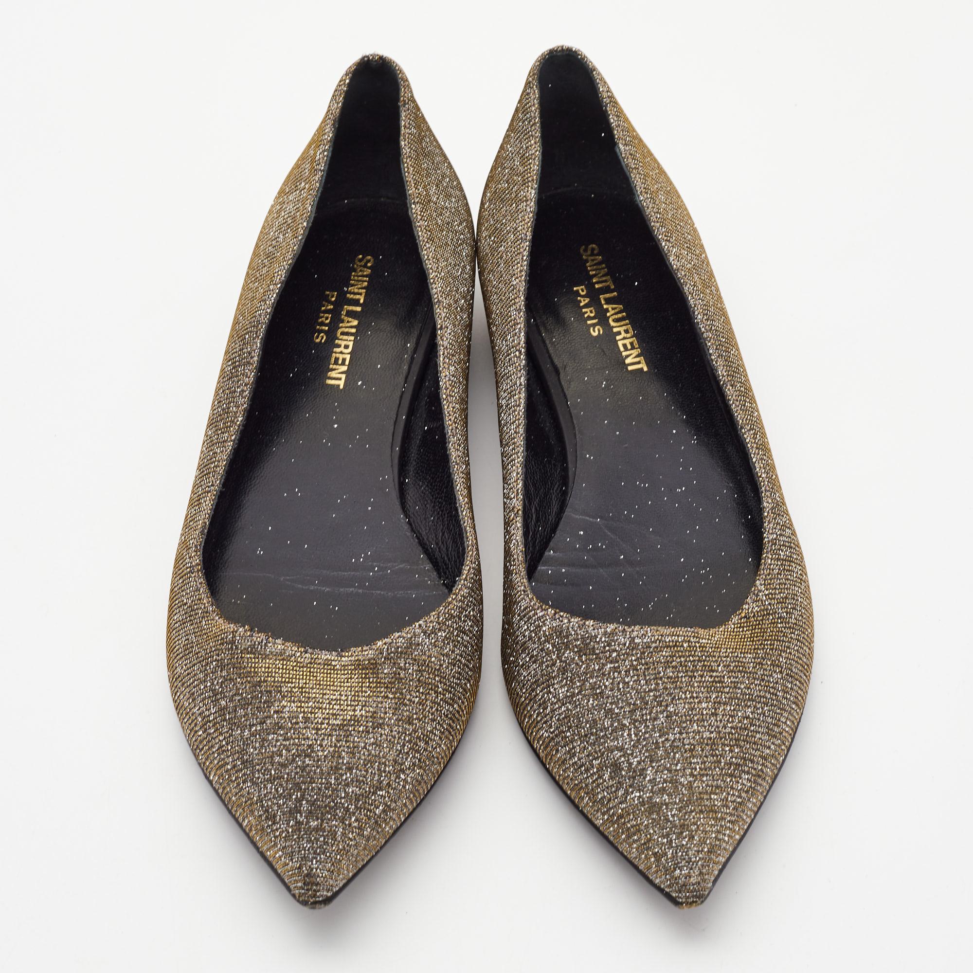 Noir Saint Laurent - Ballerines à bout pointu en tissu lurex métallisé, taille 38,5 en vente