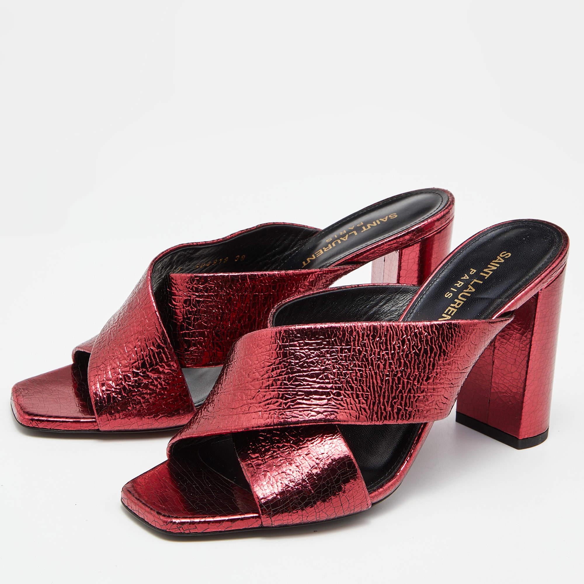 Women's Saint Laurent Metallic Red Foil Leather Loulou Criss Cross Slide Sandals Size 39