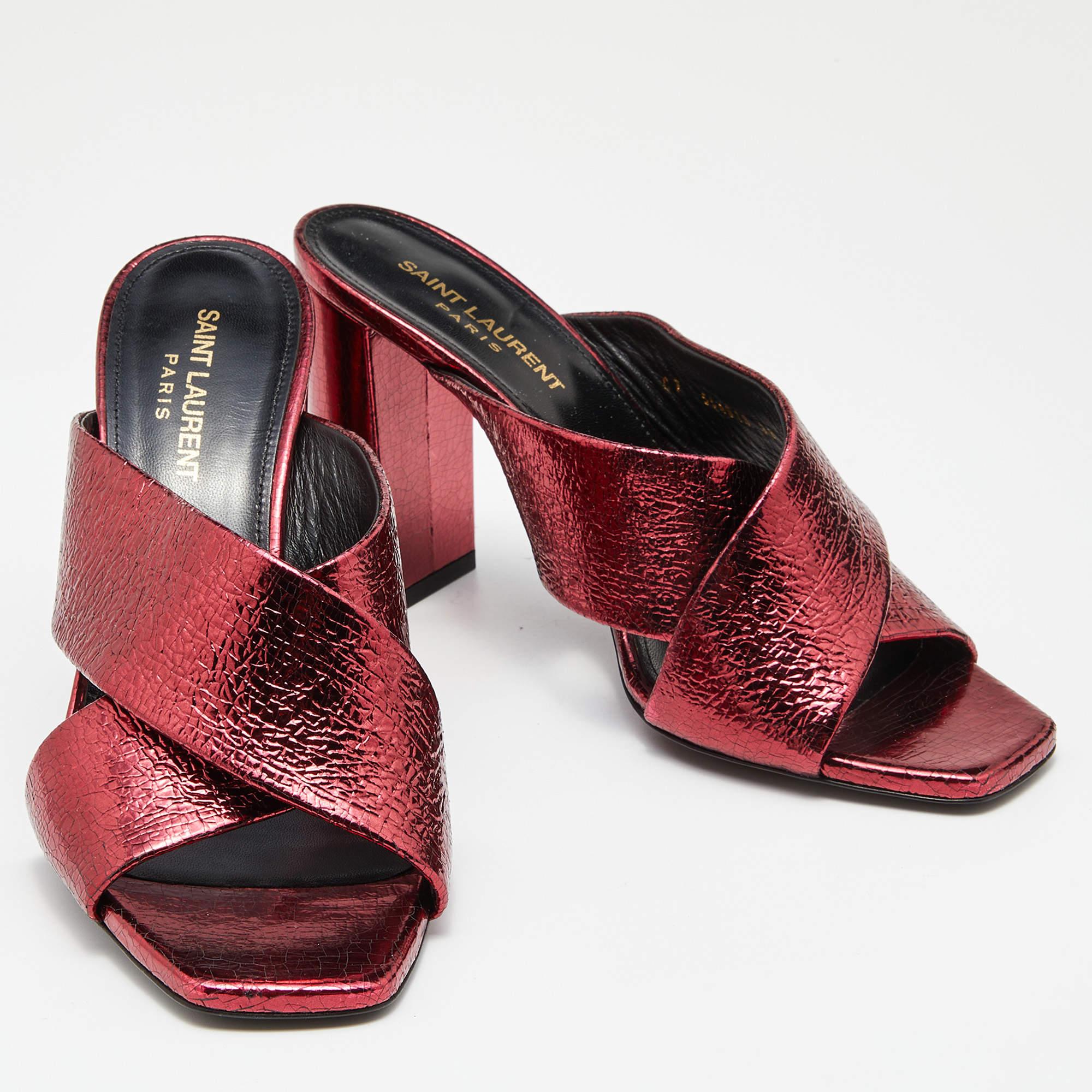 Saint Laurent Metallic Red Foil Leather Loulou Criss Cross Slide Sandals Size 39 1
