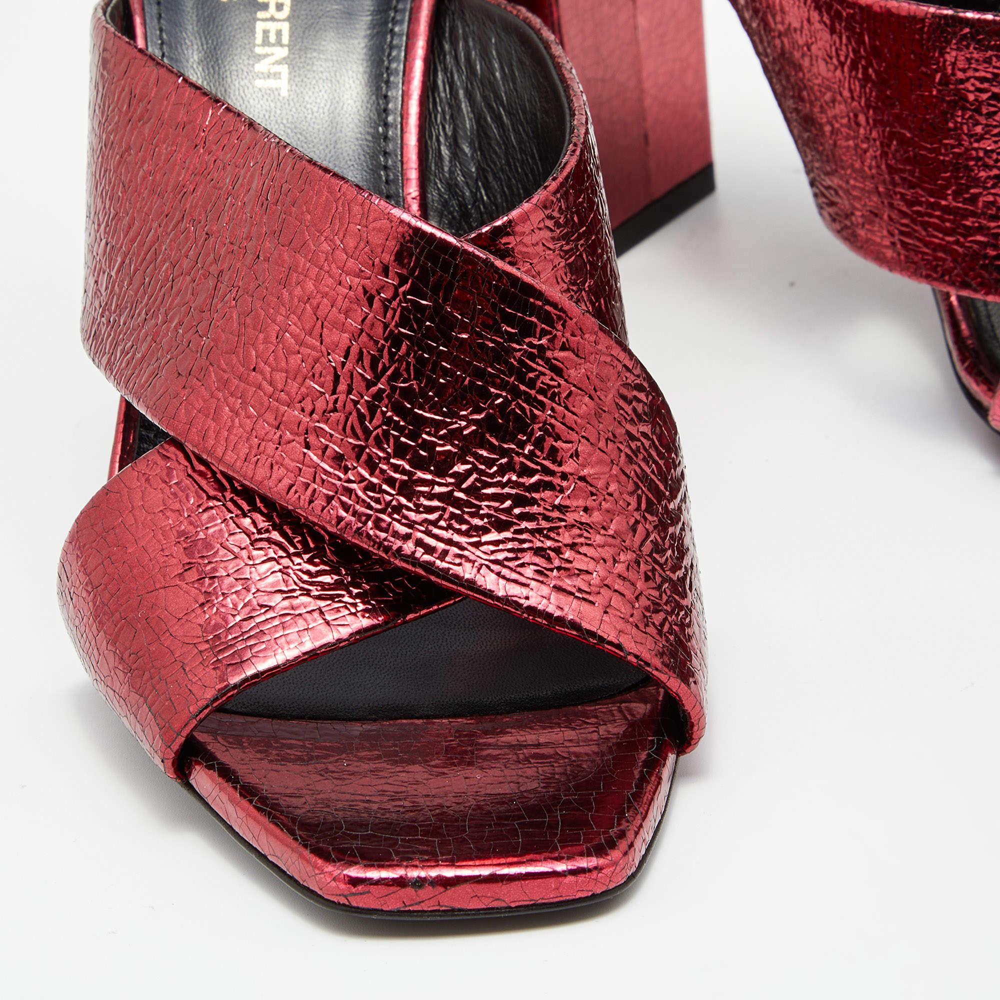 Saint Laurent Metallic Red Foil Leather Loulou Criss Cross Slide Sandals Size 39 2