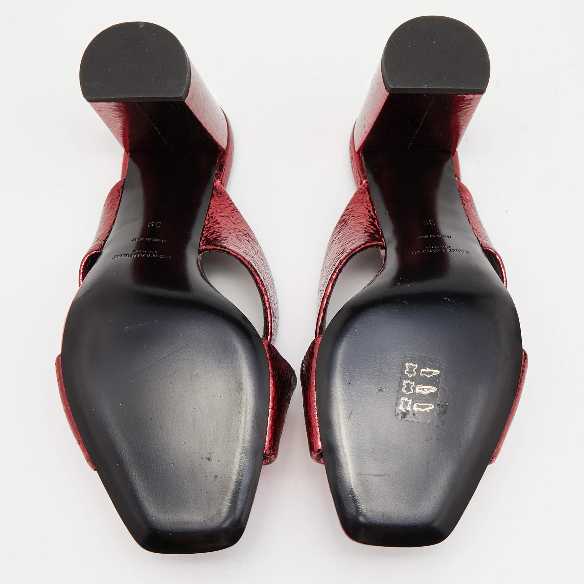 Saint Laurent Metallic Red Foil Leather Loulou Criss Cross Slide Sandals Size 39 5