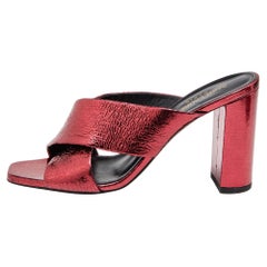 Saint Laurent Metallic Red Foil Leather Loulou Criss Cross Slide Sandals Size 39