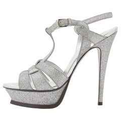 Saint Laurent Metallic Silver Glitter Tribute Platform Sandals Size 39