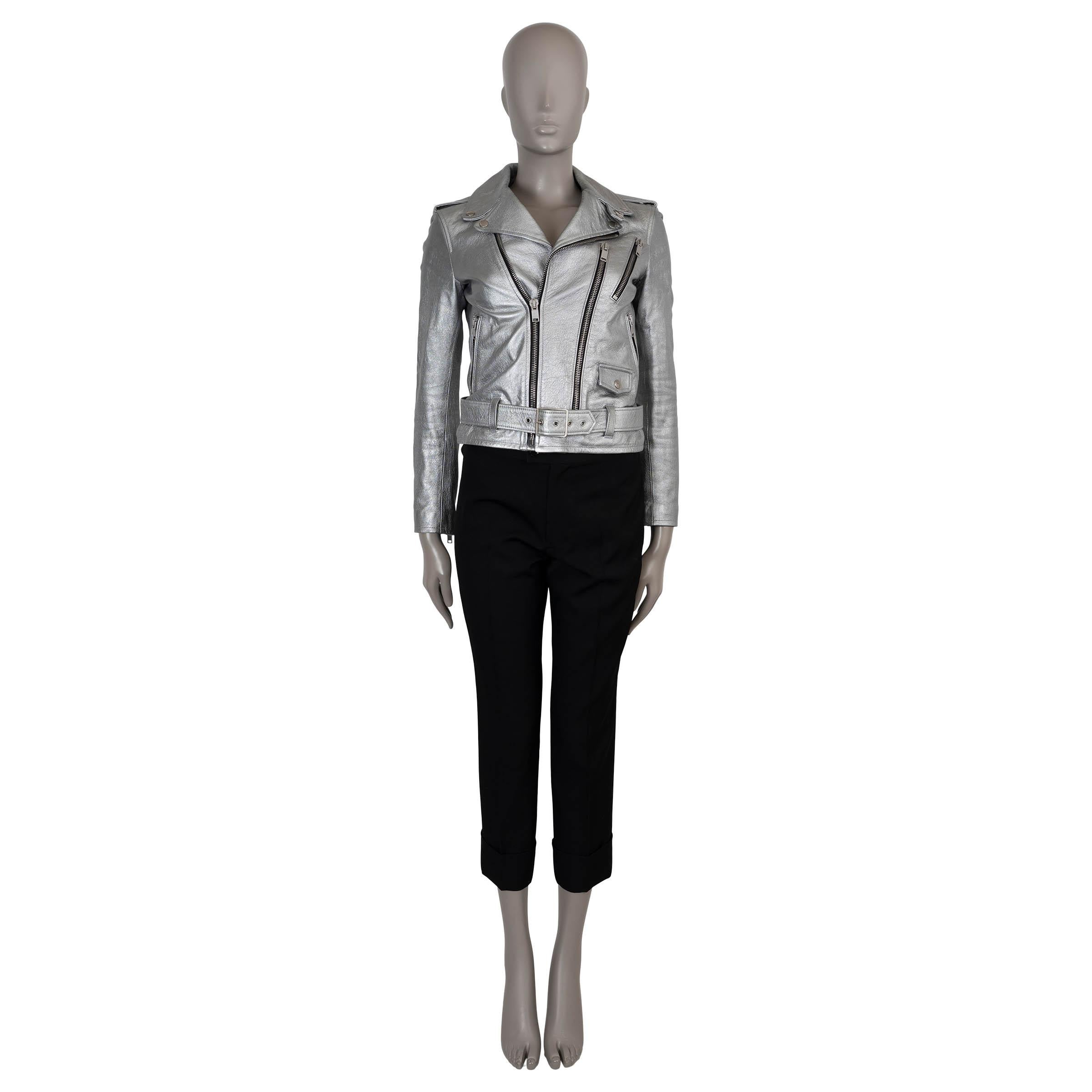 SAINT LAURENT cuir argenté métallisé 2015 BIKER Jacket 38 S Excellent état - En vente à Zürich, CH