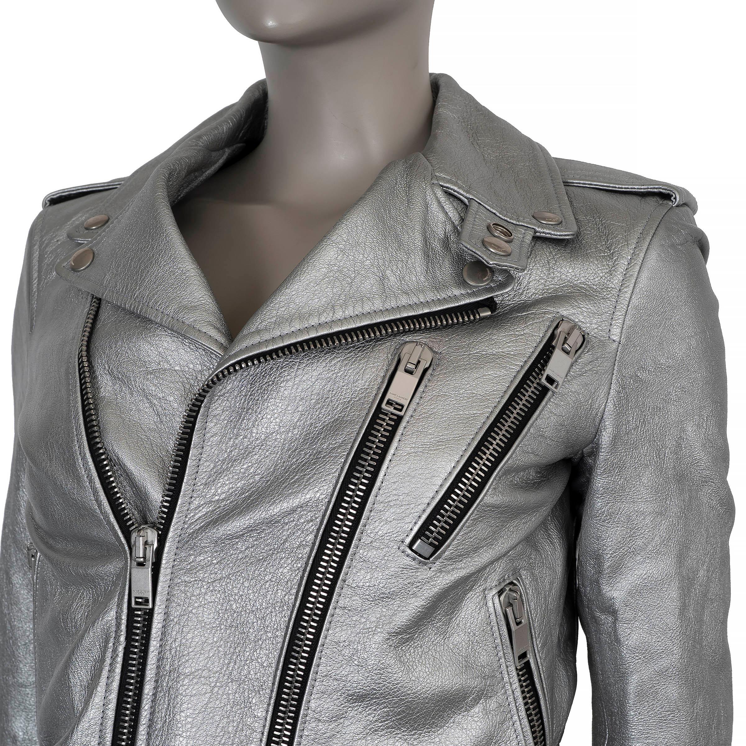 SAINT LAURENT cuir argenté métallisé 2015 BIKER Jacket 38 S Unisexe en vente
