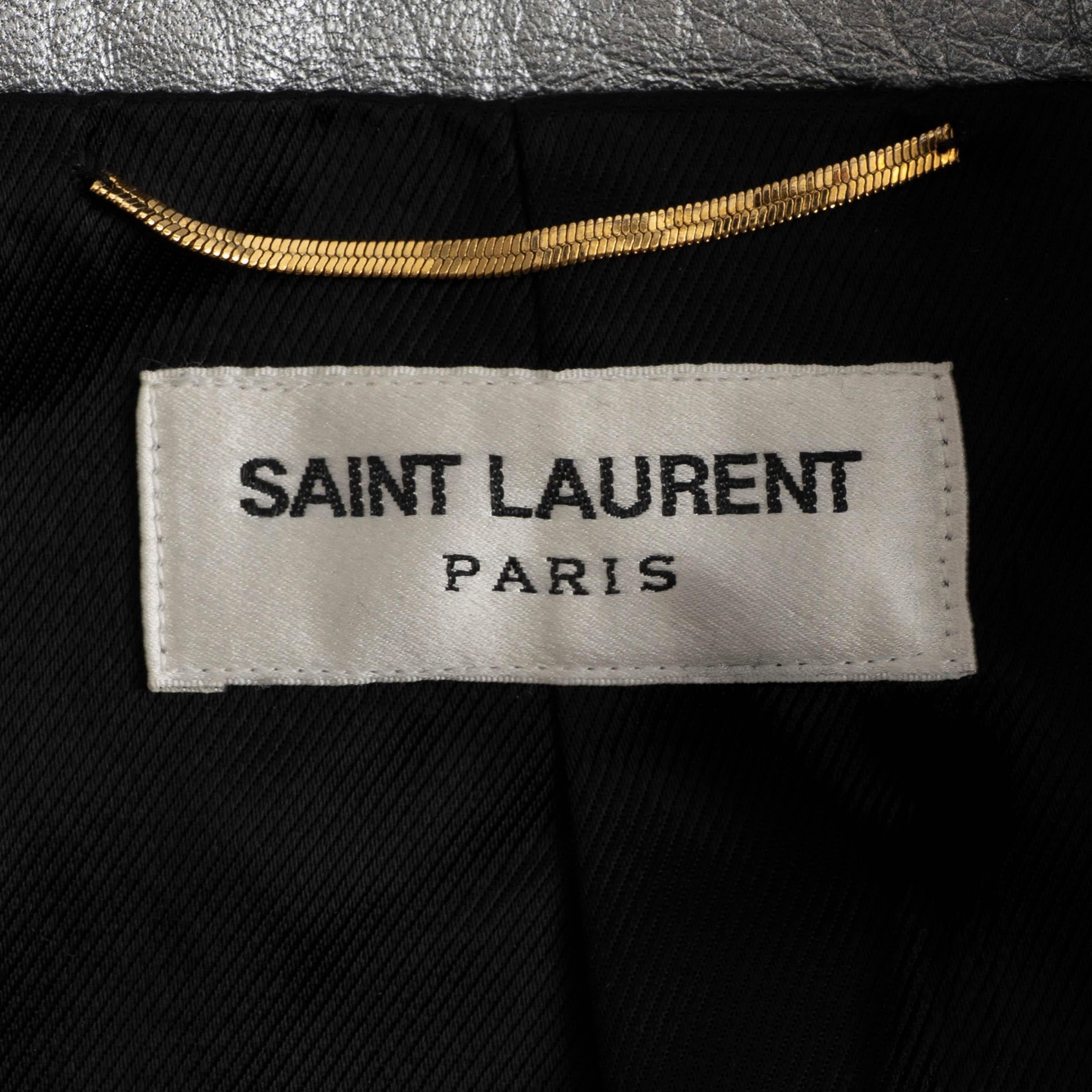SAINT LAURENT cuir argenté métallisé 2015 BIKER Jacket 38 S en vente 1