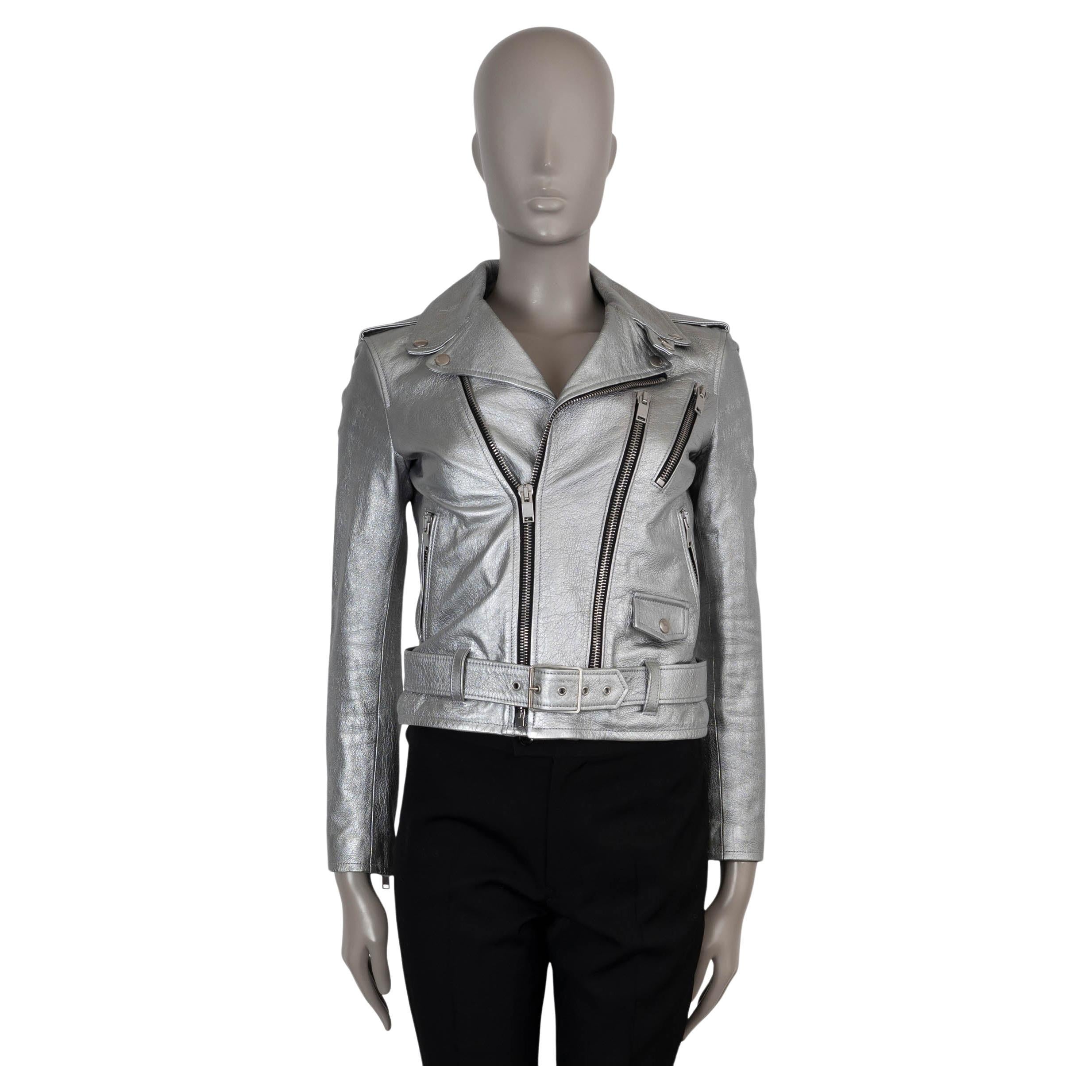 SAINT LAURENT cuir argenté métallisé 2015 BIKER Jacket 38 S