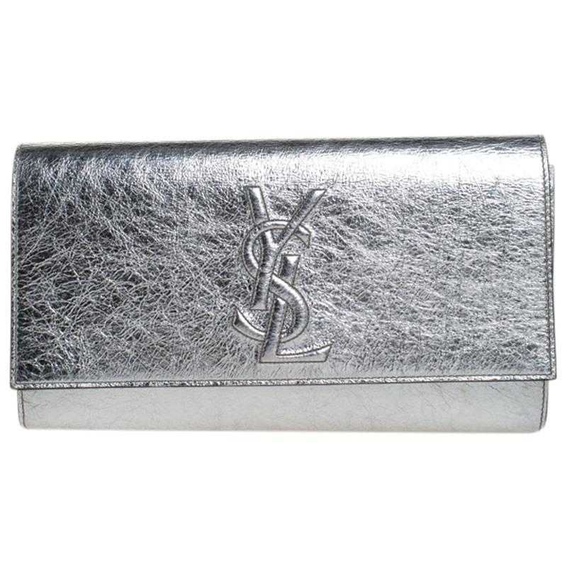 Saint Laurent Metallic Silver Leather Belle De Jour Flap Clutch