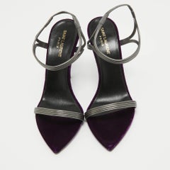 Saint Laurent Metallic Silver/Purple Leather and Velvet Ankle Strap Sandals Size