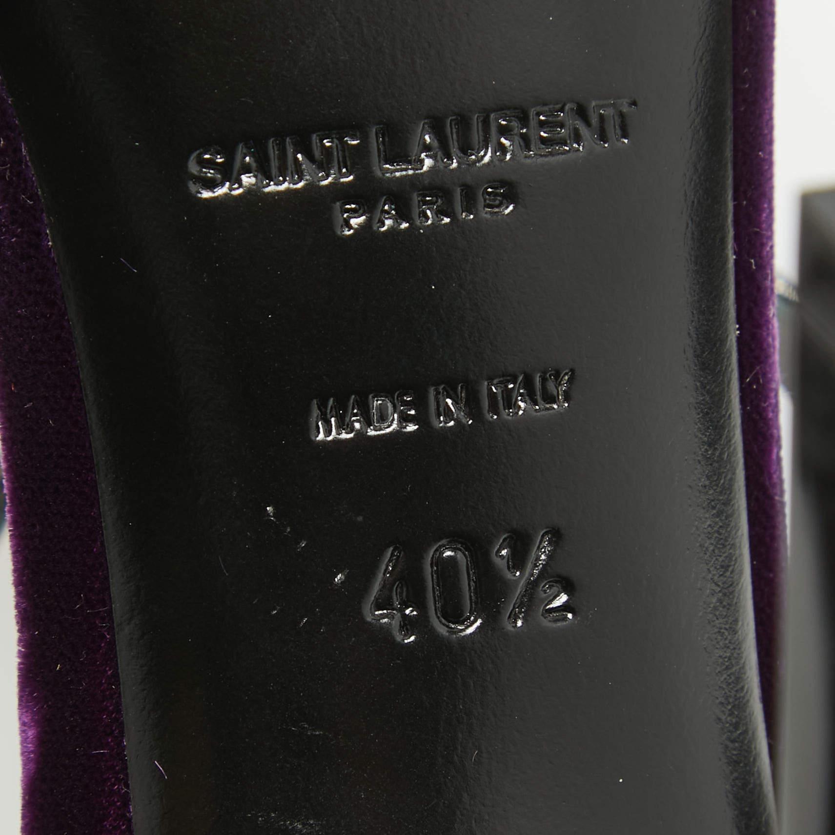 Saint Laurent Metallic Silver/Purple Leather and Velvet Ankle Strap Sandals Size In Excellent Condition For Sale In Dubai, Al Qouz 2