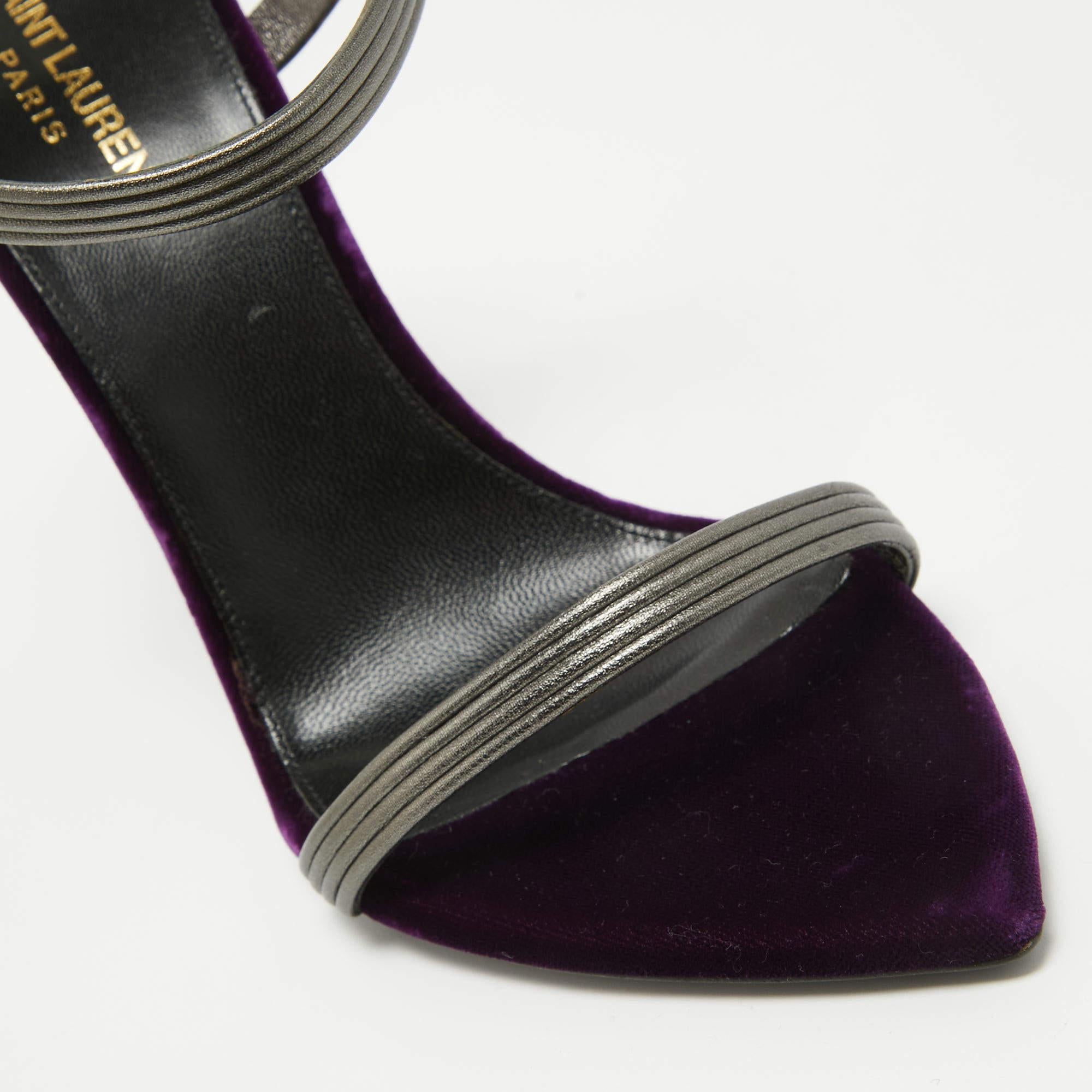 Saint Laurent Metallic Silver/Purple Leather and Velvet Ankle Strap Sandals Size In Excellent Condition For Sale In Dubai, Al Qouz 2